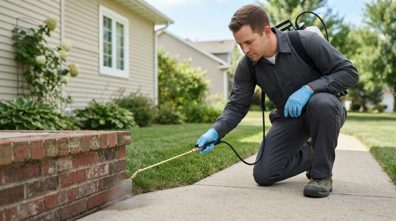 Pest control technician treating a home near Nora Springs, IA