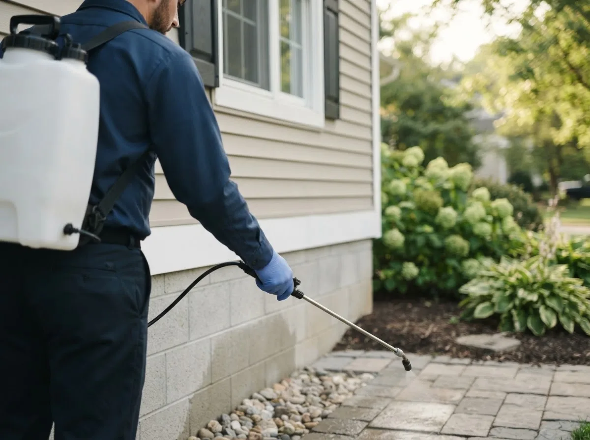 Pest control technician inspecting a home in Nora Springs, IA